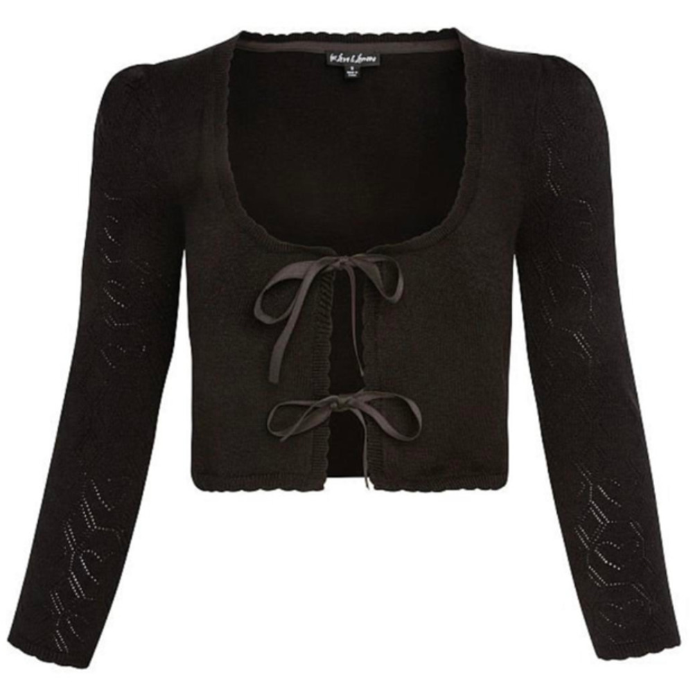 For Love & Lemons Womens Pointelle Crop Cardigan Sweater Knit Black Size L